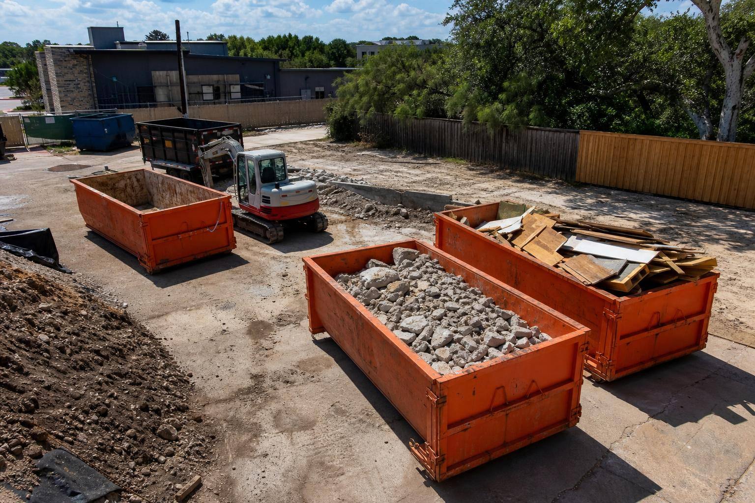 Roll-off dumpsters at an organized commercial construction site in Texas
